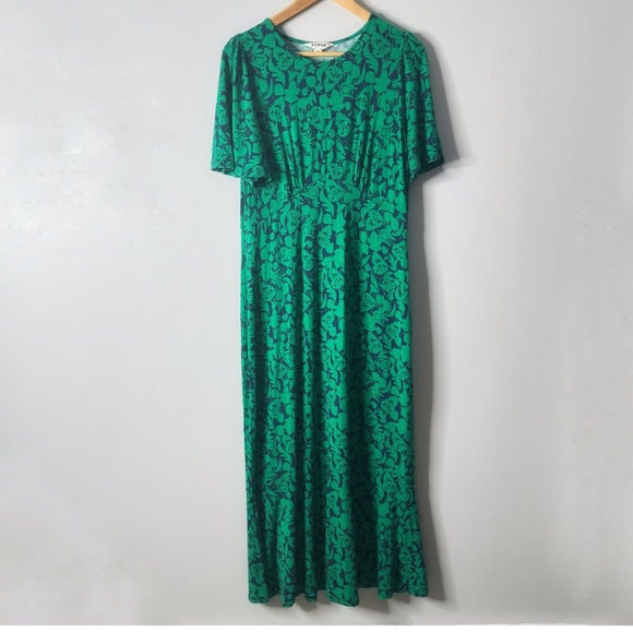 Boden Midi Dress Jersey Knit Flippy Hem Short Sleeve Navy Green Floral Size 12 - Picture 2 of 16